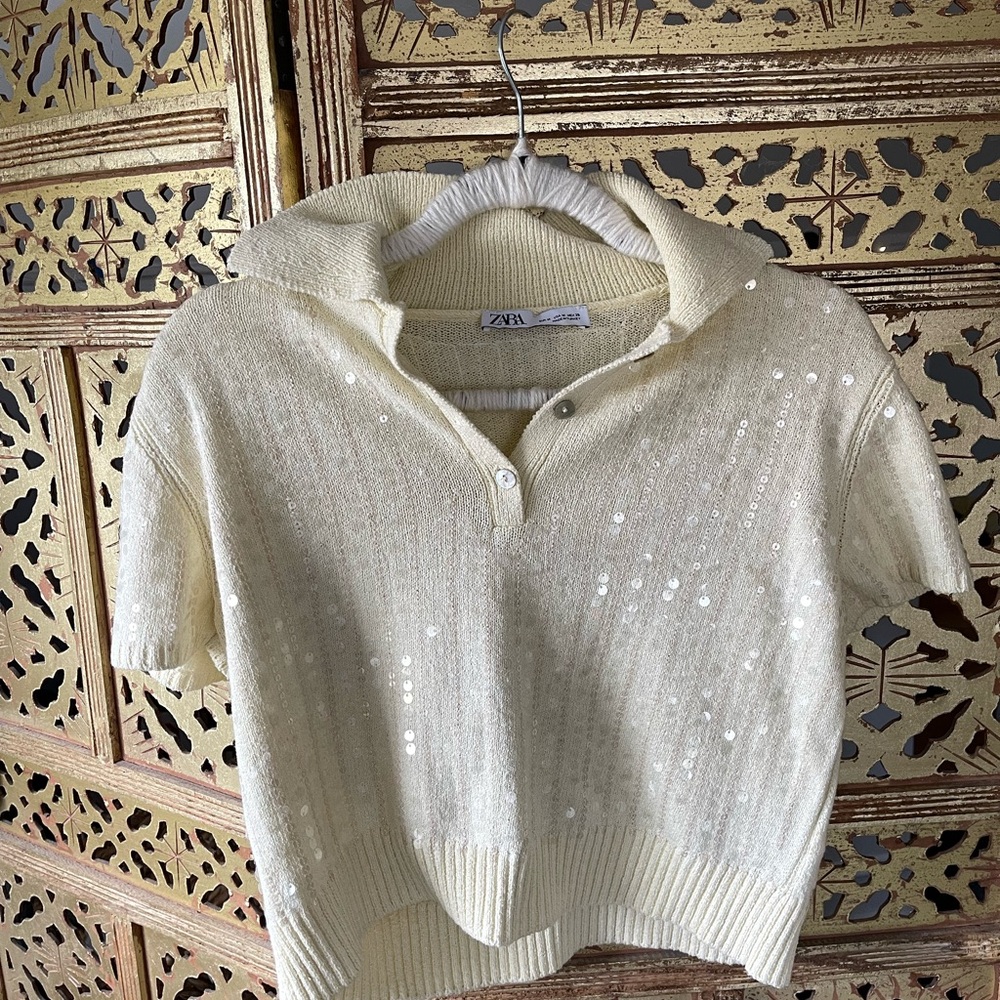 Zara Yellow Sequin Polo Crop Sweater